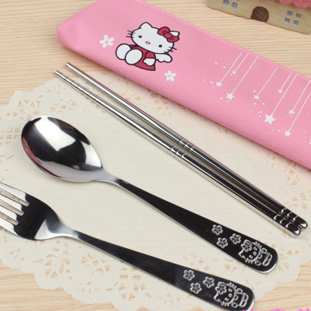 5 pcs Hello Kitty Lunch Utensils Chopsticks Fork Spoon Set Travel Pouch Bag Case